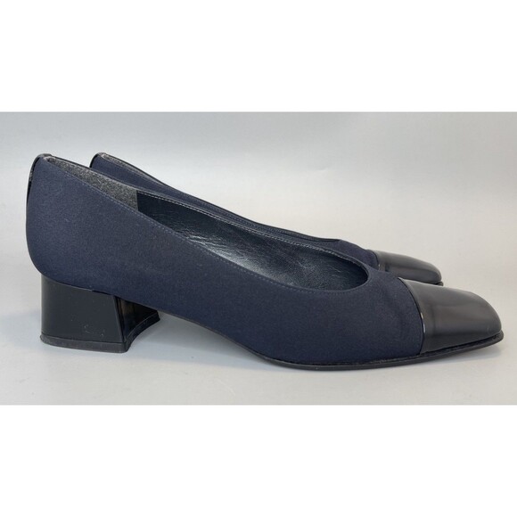 Vtg 90s Stuart Weitzman Square Toe Block Heels Pumps Womens 6.5 Navy Slip On - Picture 6 of 12